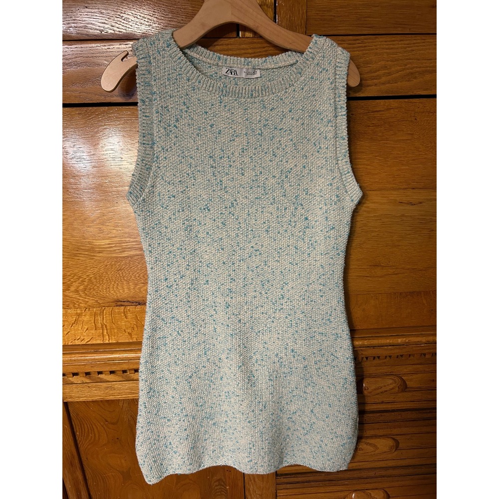 Zara Preppy Twee Blue White Metallic Knit Sleeveless Mini Dress Boucle Crew Neck